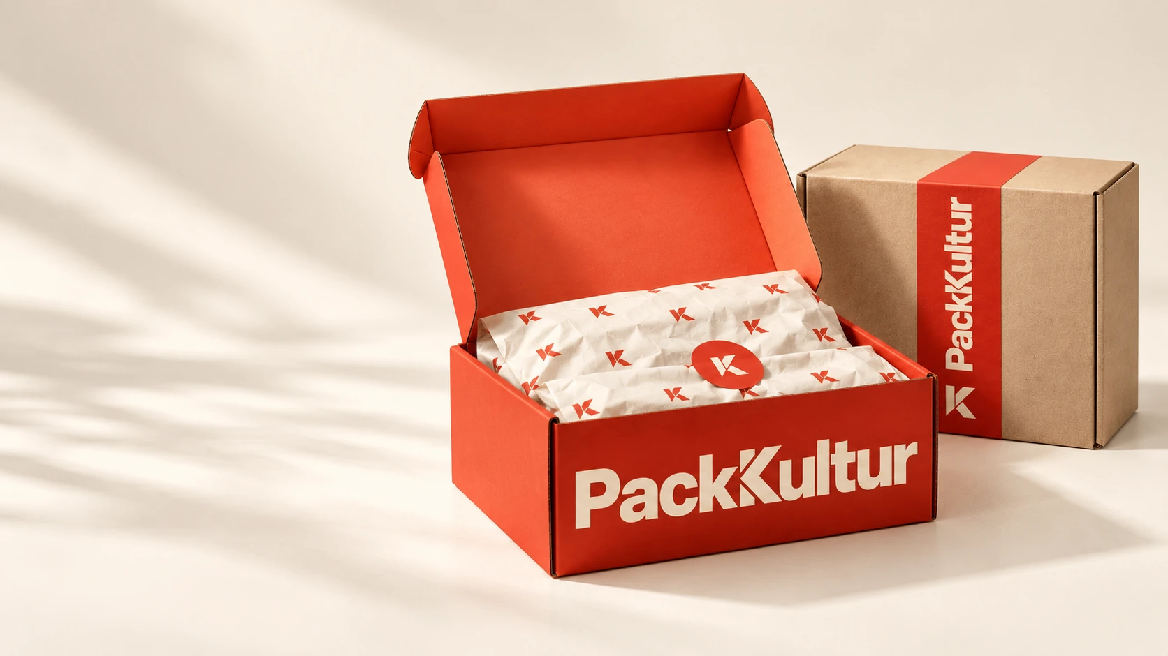 Rote Versandbox und geschlossener Naturkarton als Designkonzept für individuelle Produktverpackungen