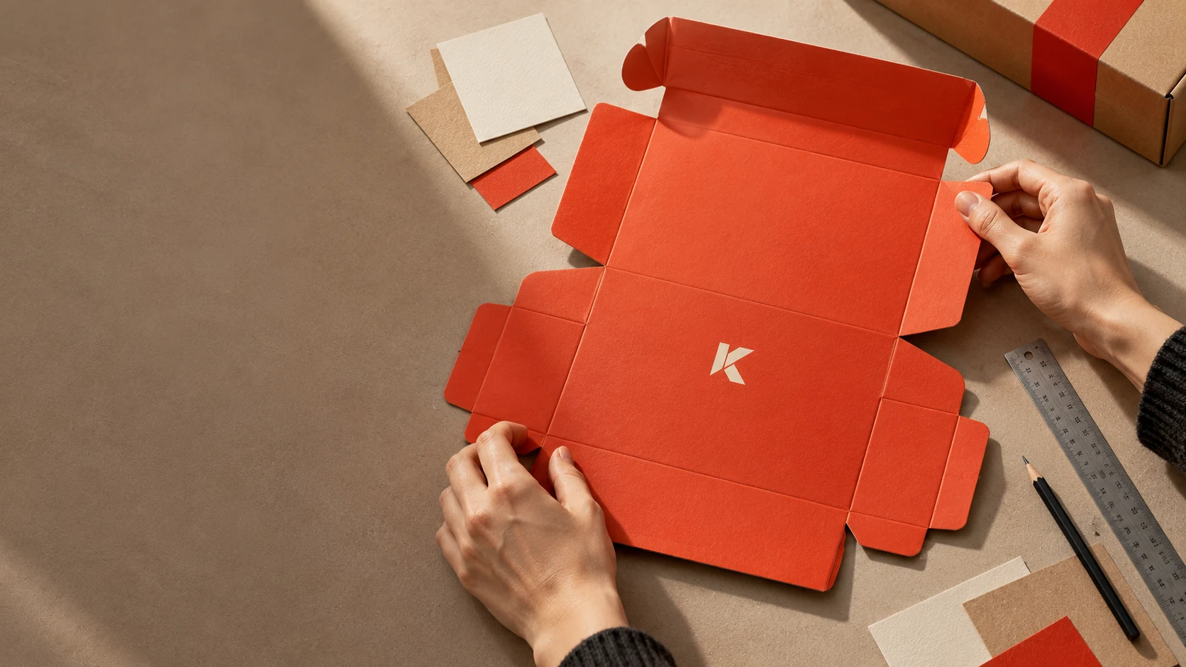 Illustratives Designkonzept: Hände formen einen roten Verpackungsbogen am Entwurfstisch mit Papiermustern und Lineal